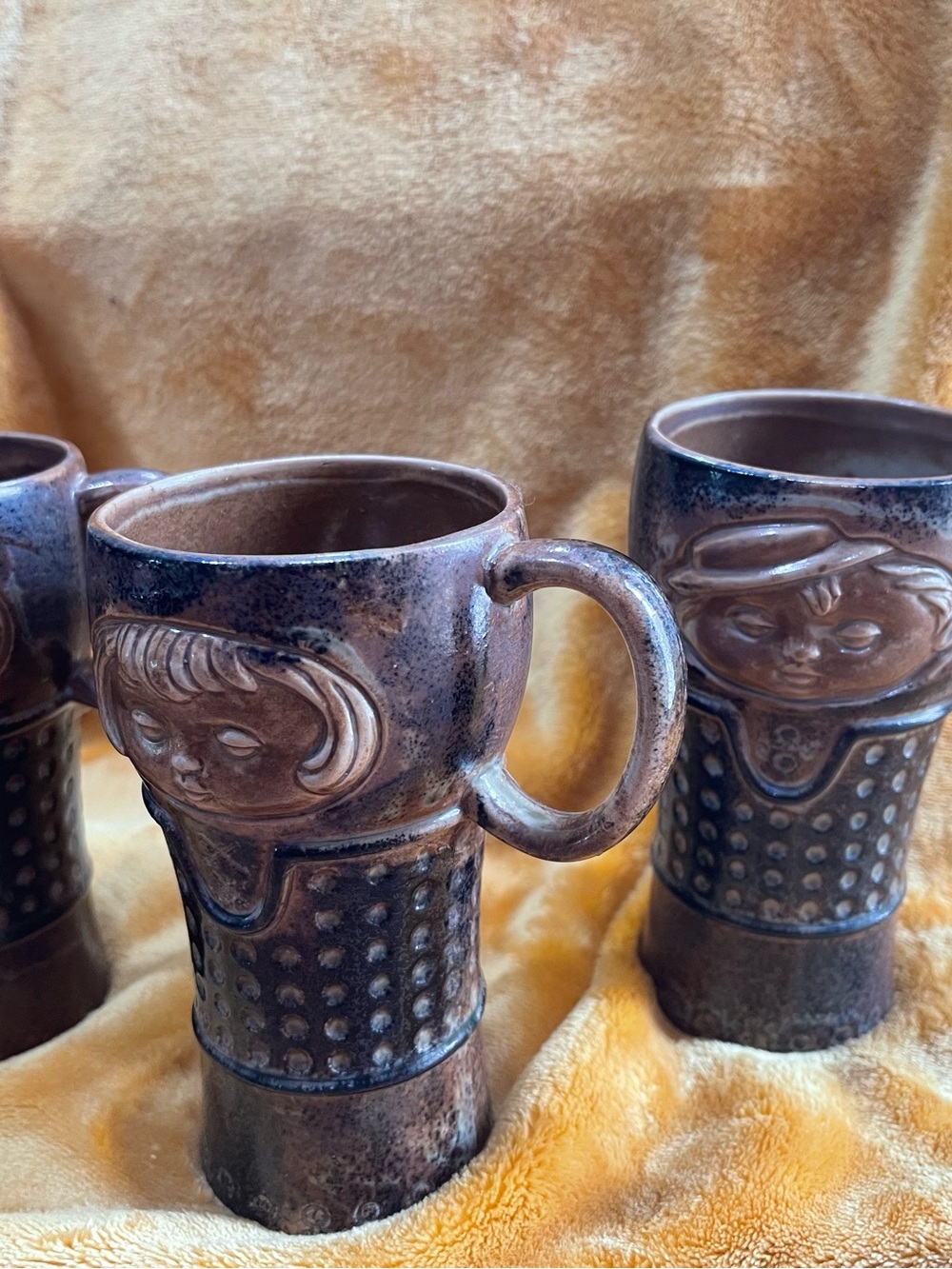 3 Holt Howard Artisan  Brown Glazed Ceramic Face Mug with Handle